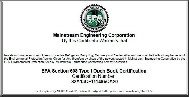 EPA Mainstream Engeneering Certificate